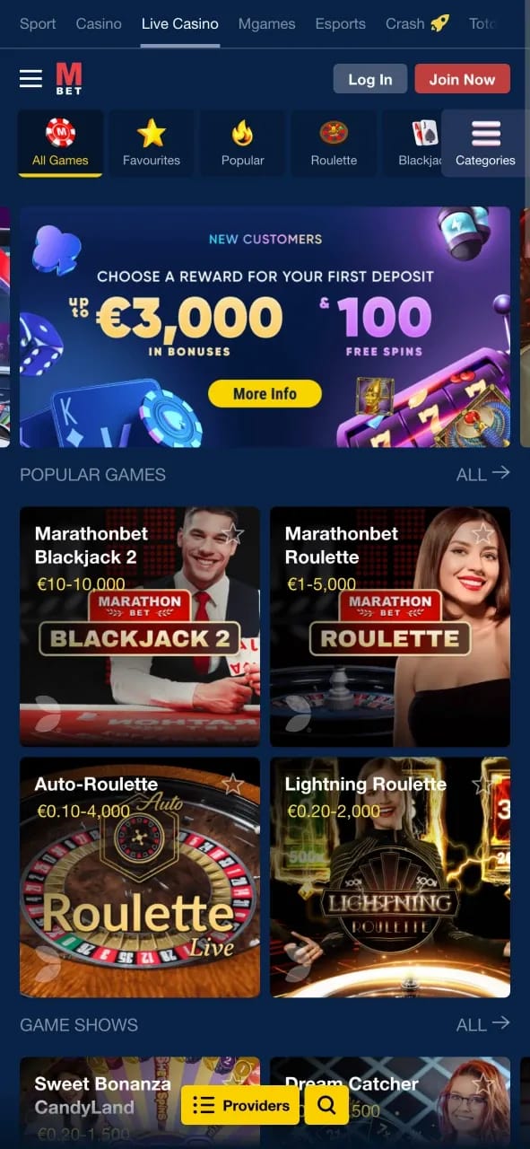 Interfaccia app casinò MarathonBet