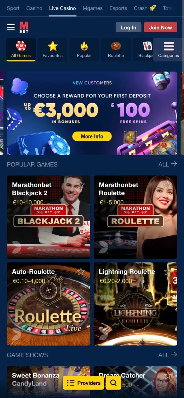 Interfaccia app casinò MarathonBet Italia